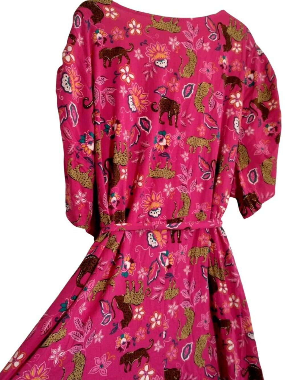 Torrid Size 5 Plus Size Pink Leopard Dress Rouched Short Sleeve Midi Belted Cat - Picture 8 of 16